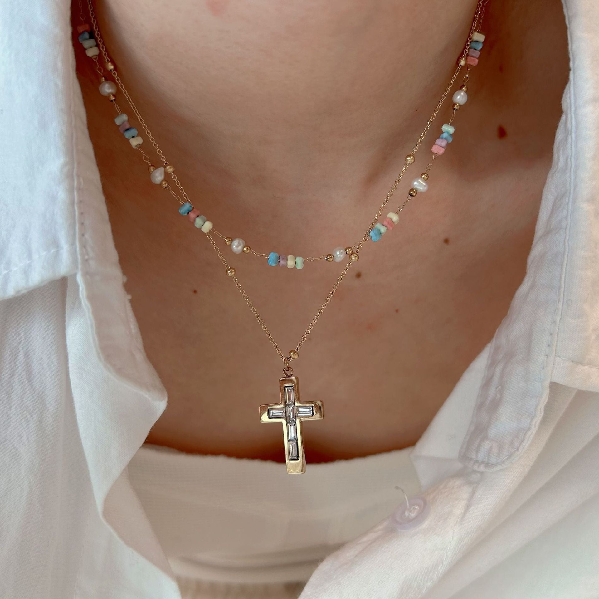 Wholesale  Color Natural Stone Beaded Necklace Cross Stainless Steel Necklace