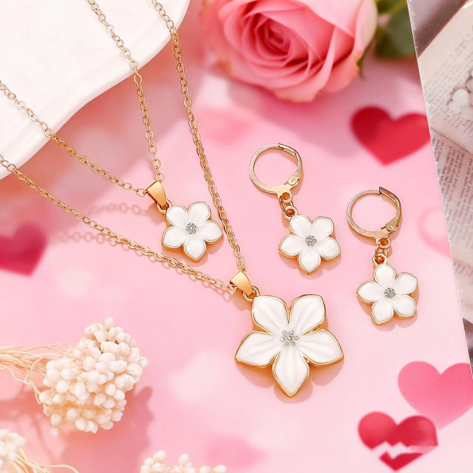 Wholesale Trendy Red Flower Rhinestone Necklace and Earrings Set,  Metal Electroplated Multi-Layer Chain,  Boutique Resale