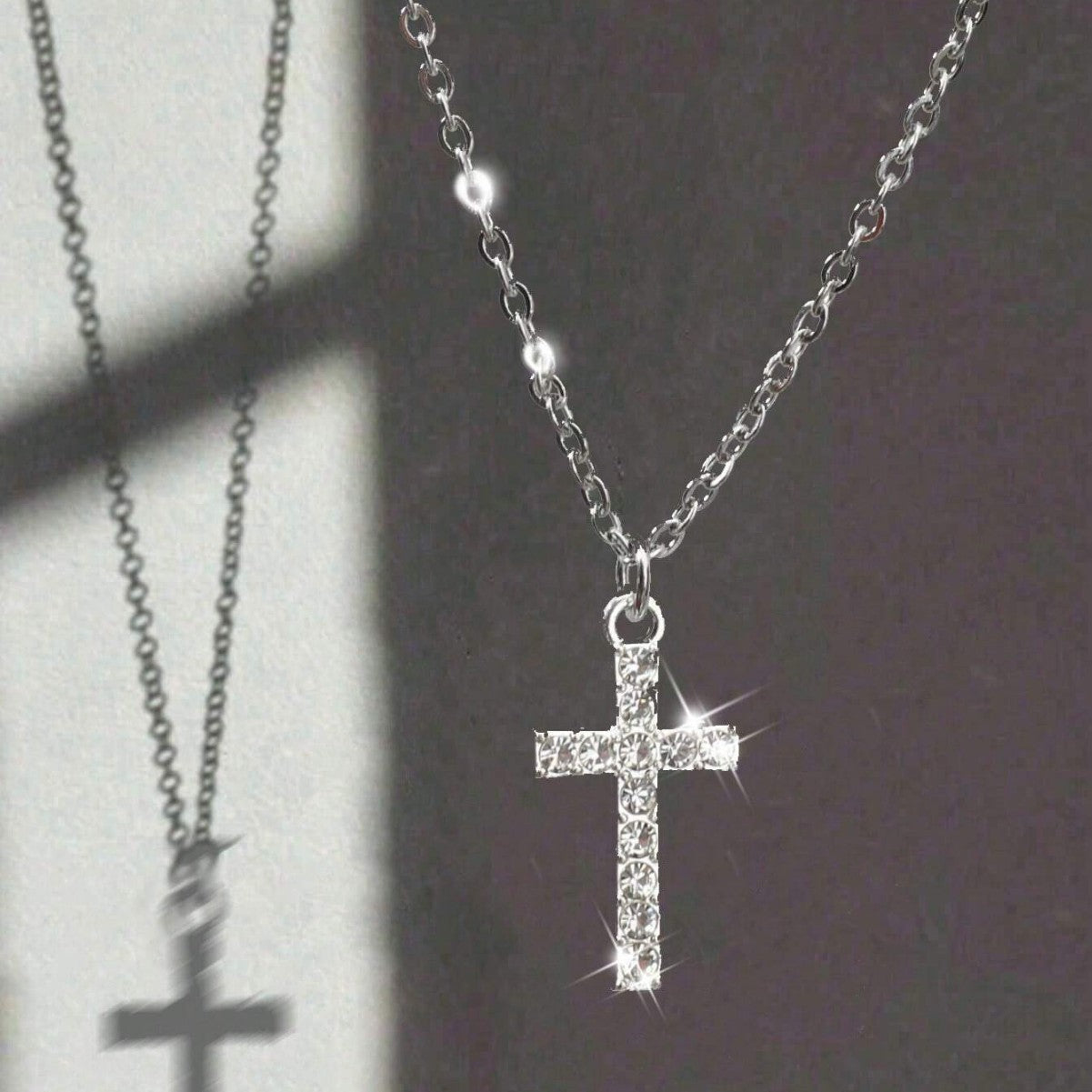 Wholesale Punk Style Cross-Border European and American Diamond-Encrusted Cross Sweater Necklace for Women,  Light Luxury Sweatshirt Chain,  Simple and Versatile Clavicle Chain