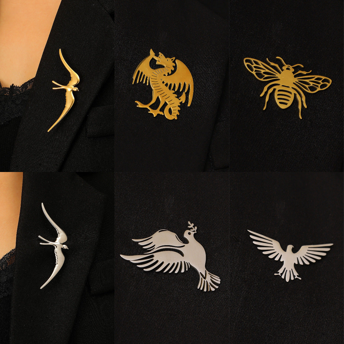 Wholesale Trendy Stainless Steel Bird Brooch 18K Gold Tone Animal Pin For Women Suit Accessory