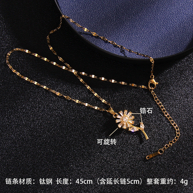 Wholesale Zircon Rotating Four Leaf Clover Flower Pendant Titanium Steel Necklace ACC-NE-Rongc006