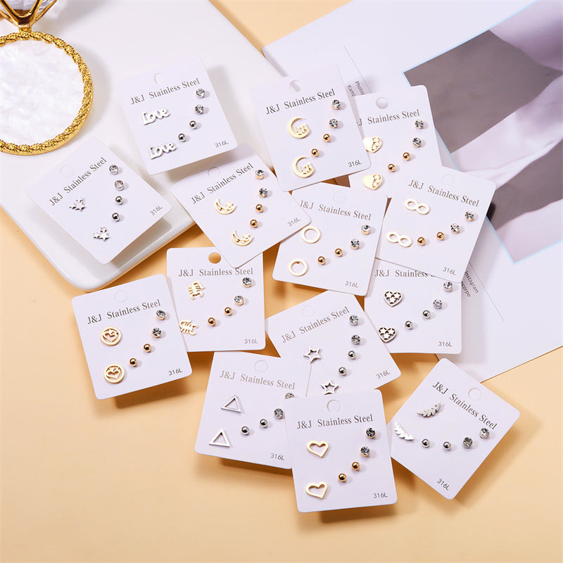 Wholesale 3 pairs of Love Diamond combination card stud earrings suit
