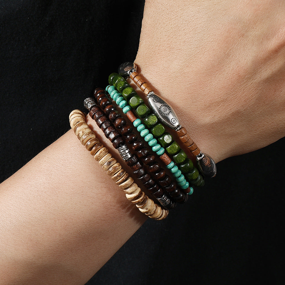 Wholesale  wooden bead alloy piece set multi-layer elastic bracelet
