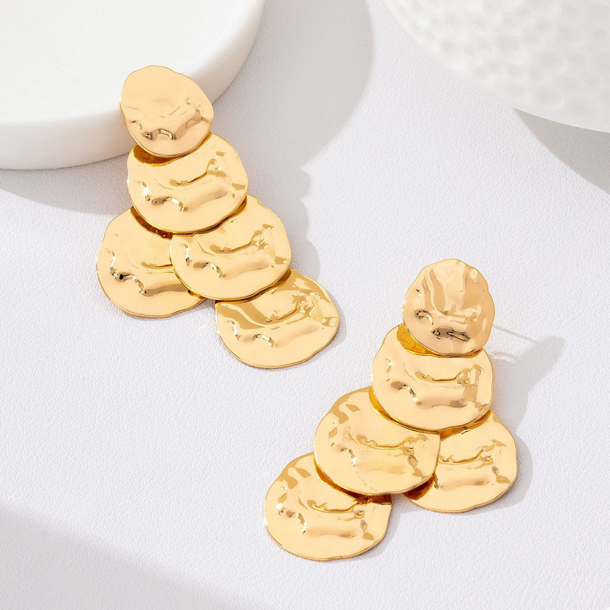Wholesale Trendy Gold Tone Hammered Round Disc Drop Earrings Long Statement Earrings For Everyday Wear And Boutique Resale