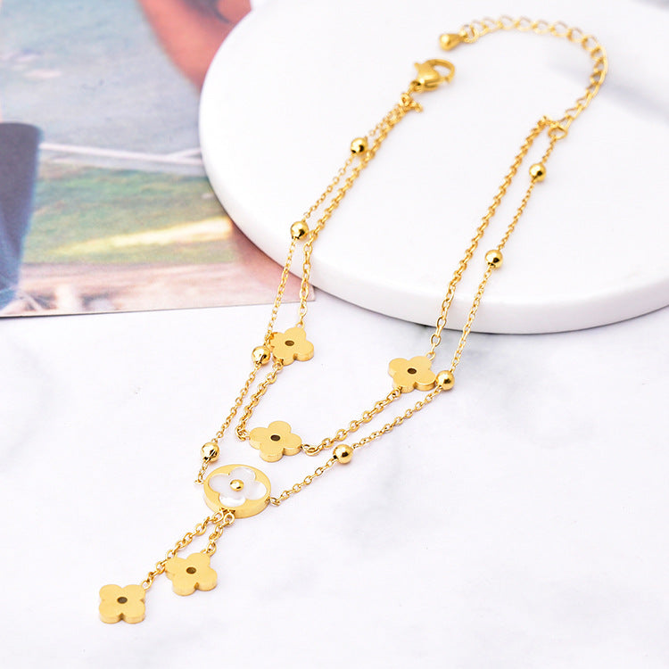 Wholesale  18K accessories double-layer flower shell tassel anklet
