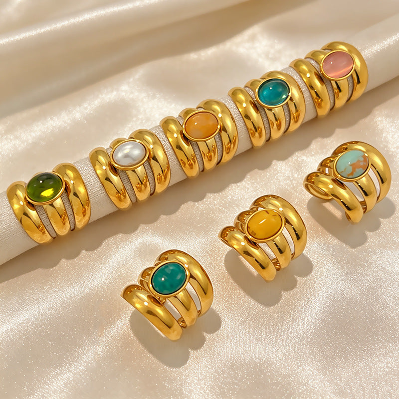 Wholesale Stainless Steel Open Ring Blue Green Gradient Natural Stone Jewelry Accessory