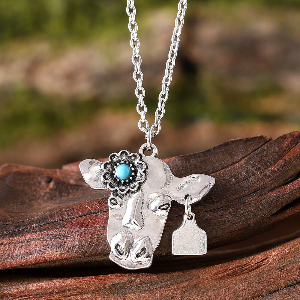 Wholesale Bohemian-style bull skull pendant necklace;  turquoise inlay;  premium vintage-style piece
