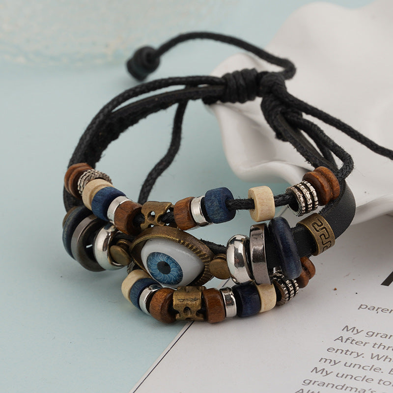 Wholesale Vintage Multi-layered Cowhide Eye Braided Bracelet Leather Layered Bracelet Set ACC-BT-Pufei004