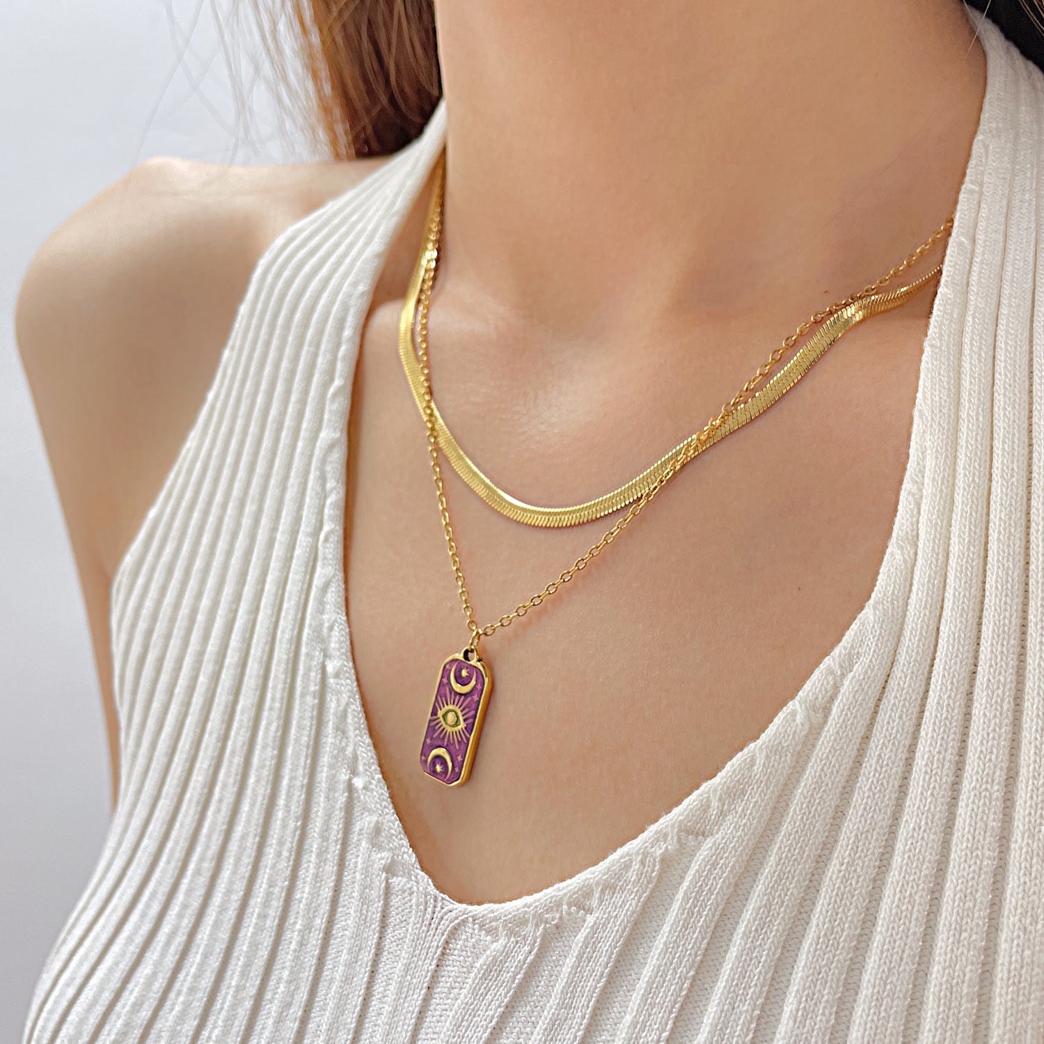 Wholesale Double Layer Titanium Steel Purple Star and Moon Stainless Steel Devil Eye Necklace