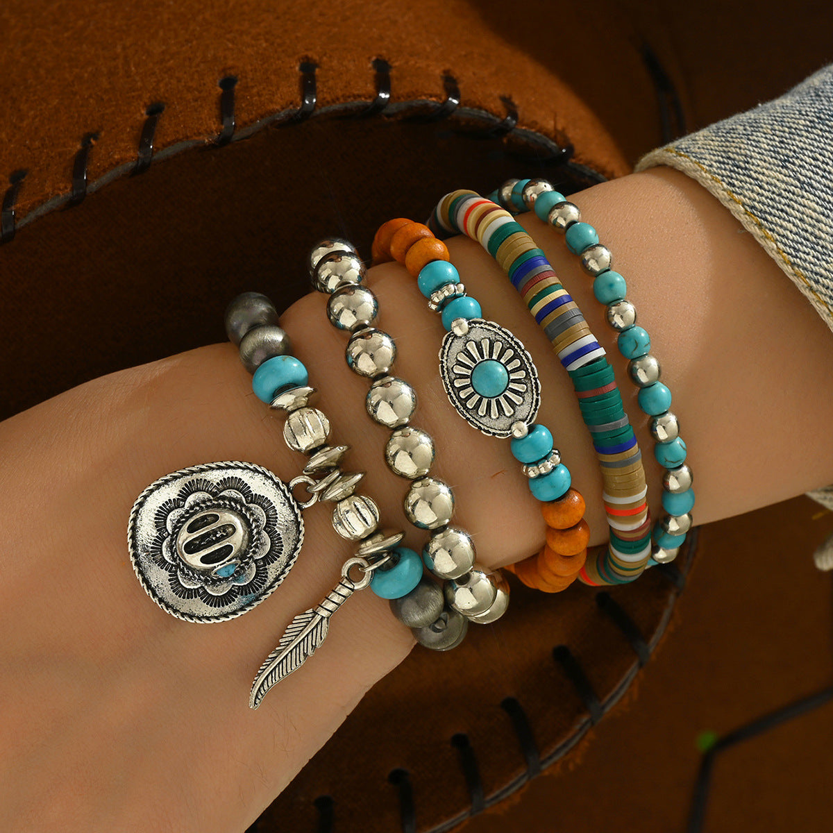 Wholesale Retro Cowboy Turquoise Bracelet Set Women S Handmade Engraved Metal Jewelry 5 Piece Gift Everyday Wear
