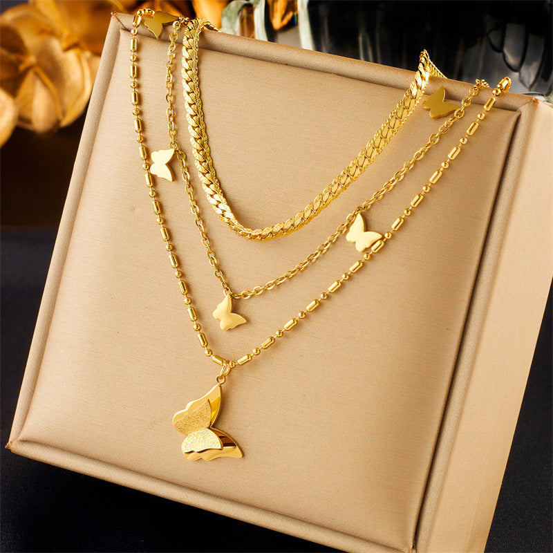 Wholesale Gold-plated Titanium Steel Necklace Multi-layered Butterfly Necklace Pearl Medal Necklace ACC-NE-QianYue001