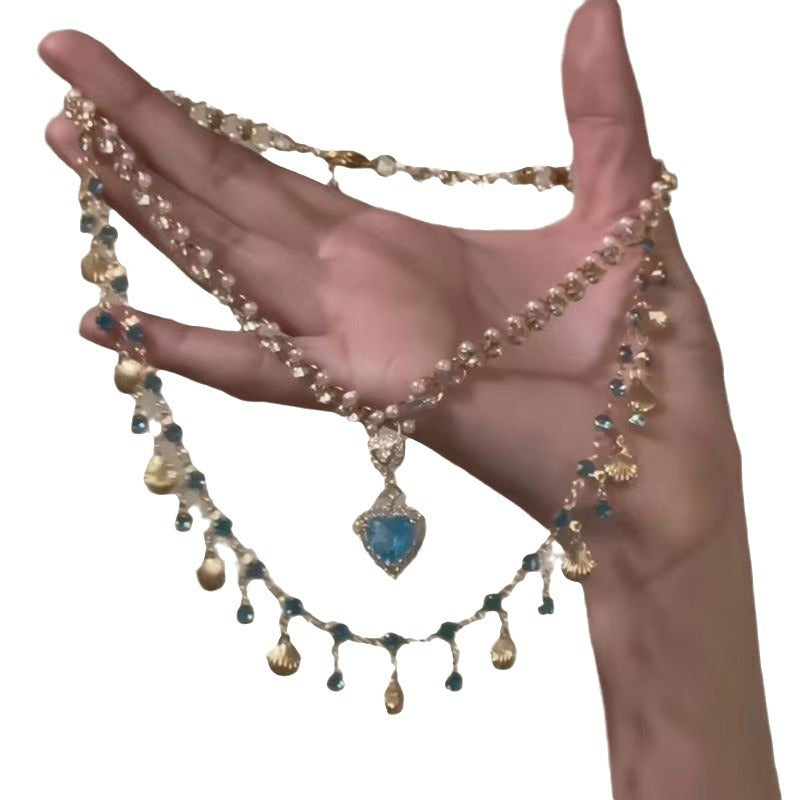 Wholesale Vacation Style Shell Pearl Layered Necklace With Blue Rhinestone Pendant Fashion Jewelry Accessory Gift