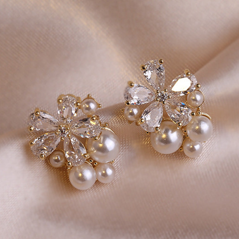 Wholesale S925 silver needle earrings fashion flower zircon Pearl Crystal ear studs earrings
