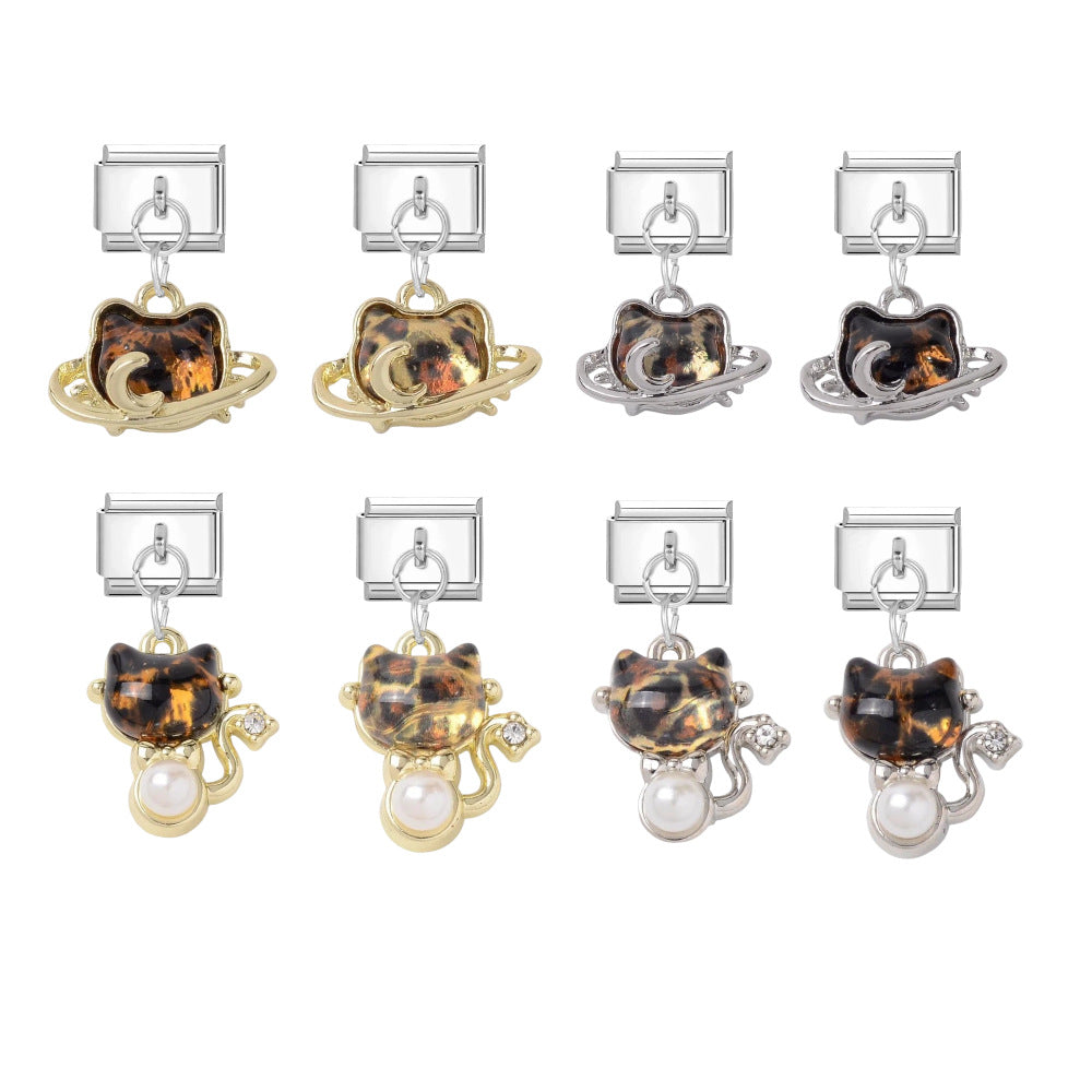 Wholesale Titanium Steel DIY Charm Bracelet Pendant Kitten Leopard Print Jewelry Accessory for Chic Party