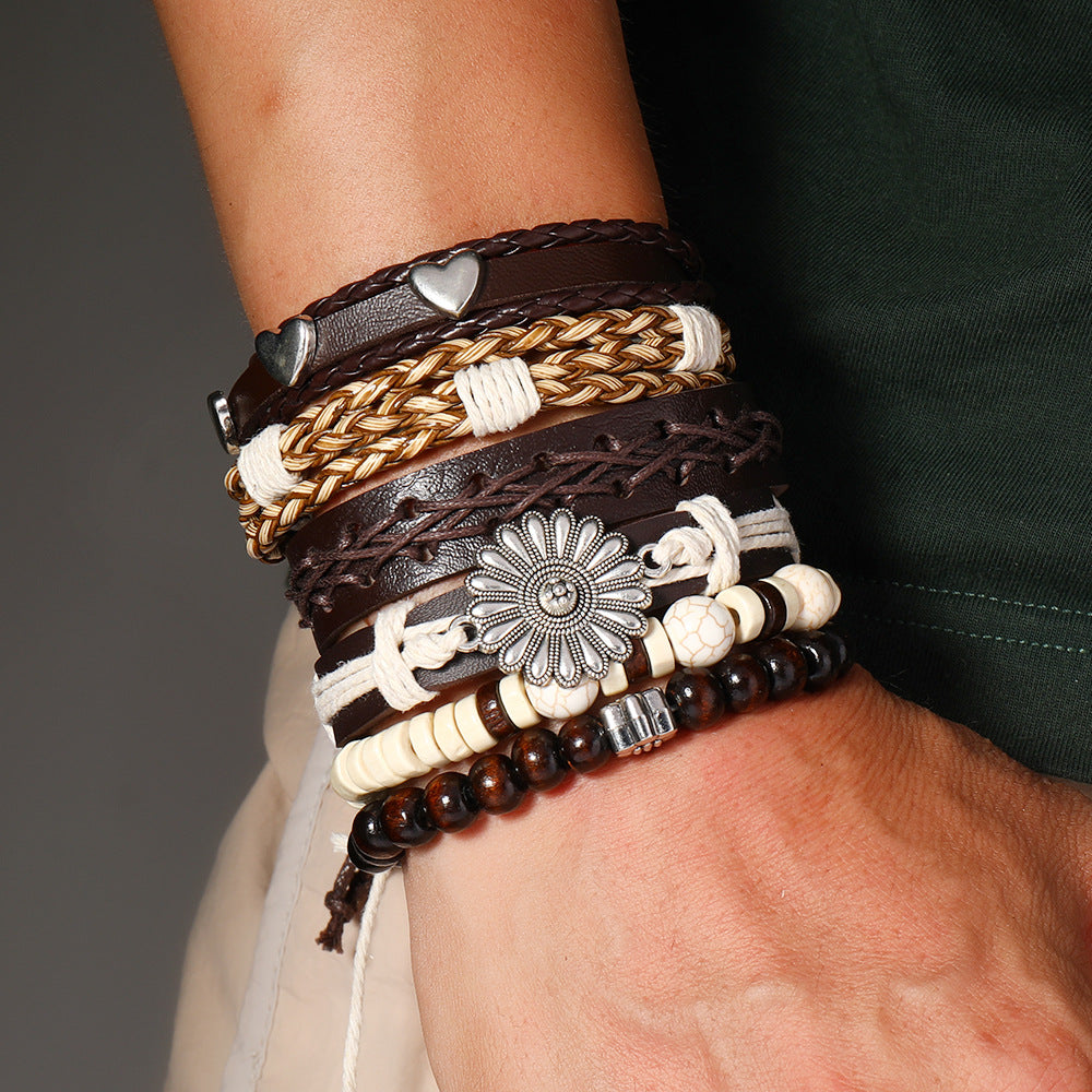 Wholesale Retro Sunflower Handwoven Beaded Bracelet Set 6 Pieces Multi Layer Elastic Leather Fashion Accessory For Party Resale