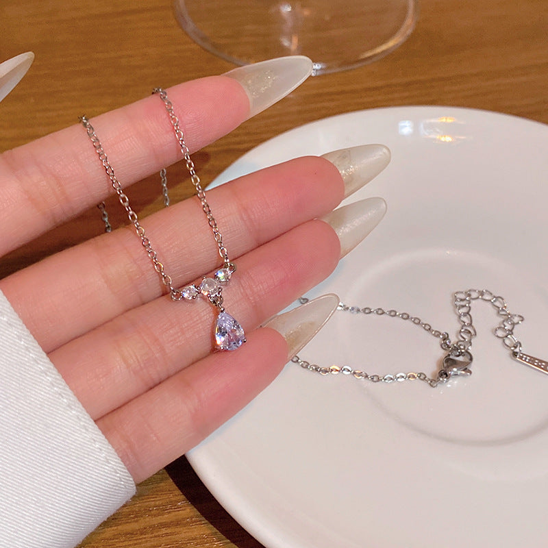 Wholesale Super sparkly zircon titanium steel necklace for women,  versatile and elegant silver.