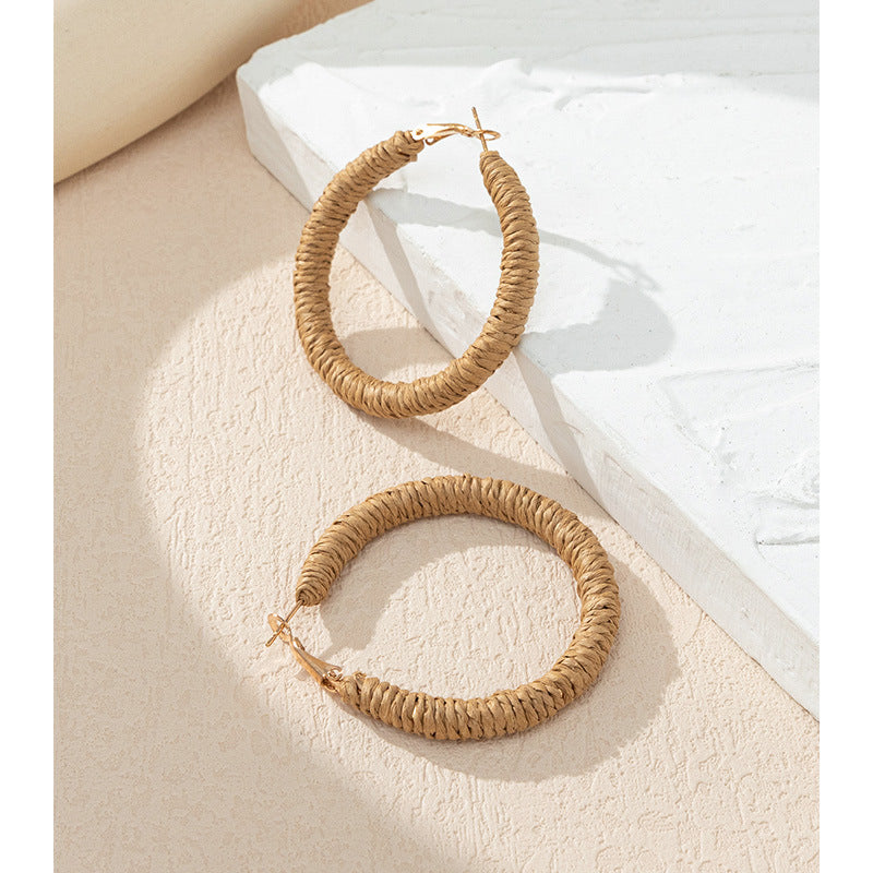 Wholesale 5pcs Bohemian Resort Style Raffia Hoop Earrings