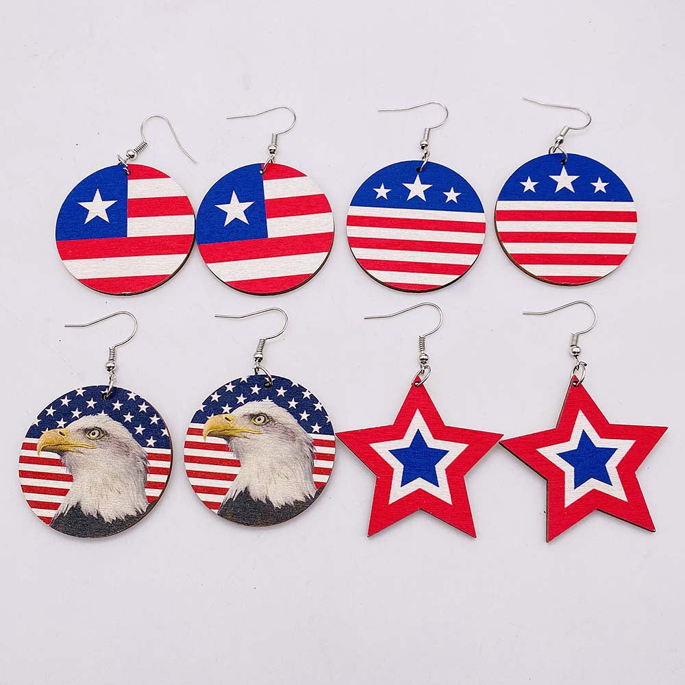 Wholesale Independence Day  American Flag Eagle Round Five-pointed Star Printed Wooden Earrings