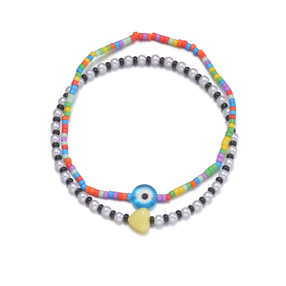 Wholesale  Blue Devil's Eye Yellow Love Color Beads Double Layer Elastic  Anklets