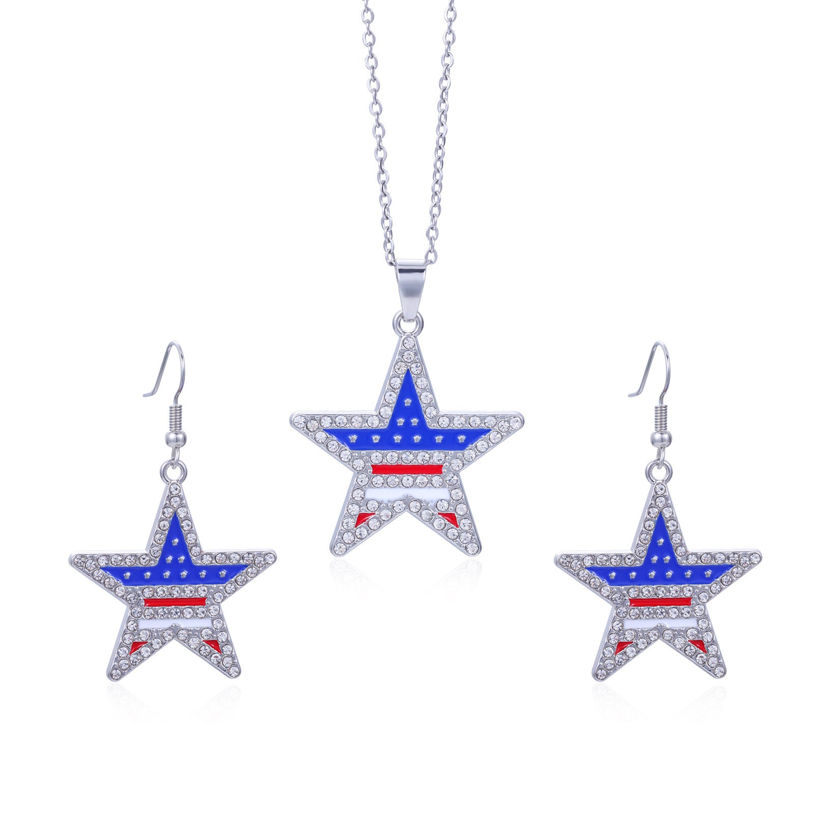 Wholesale  American Independence Day Necklace Alloy Diamond Set American Map Flag Striped Earrings Necklace Set