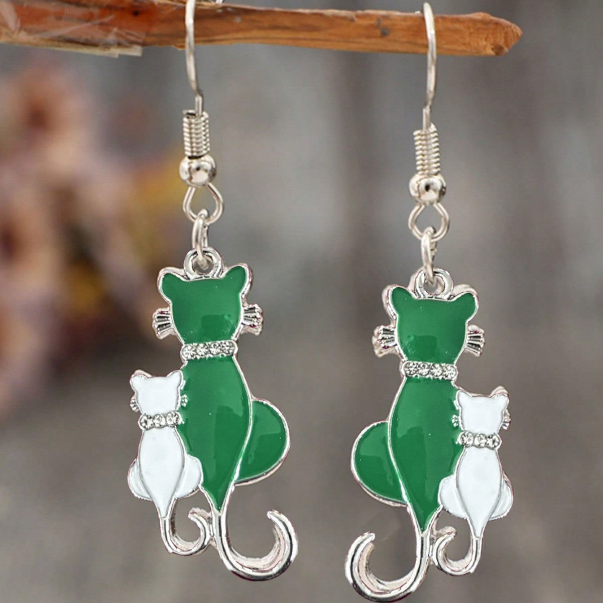 Wholesale Blue and green cat earrings with diamonds