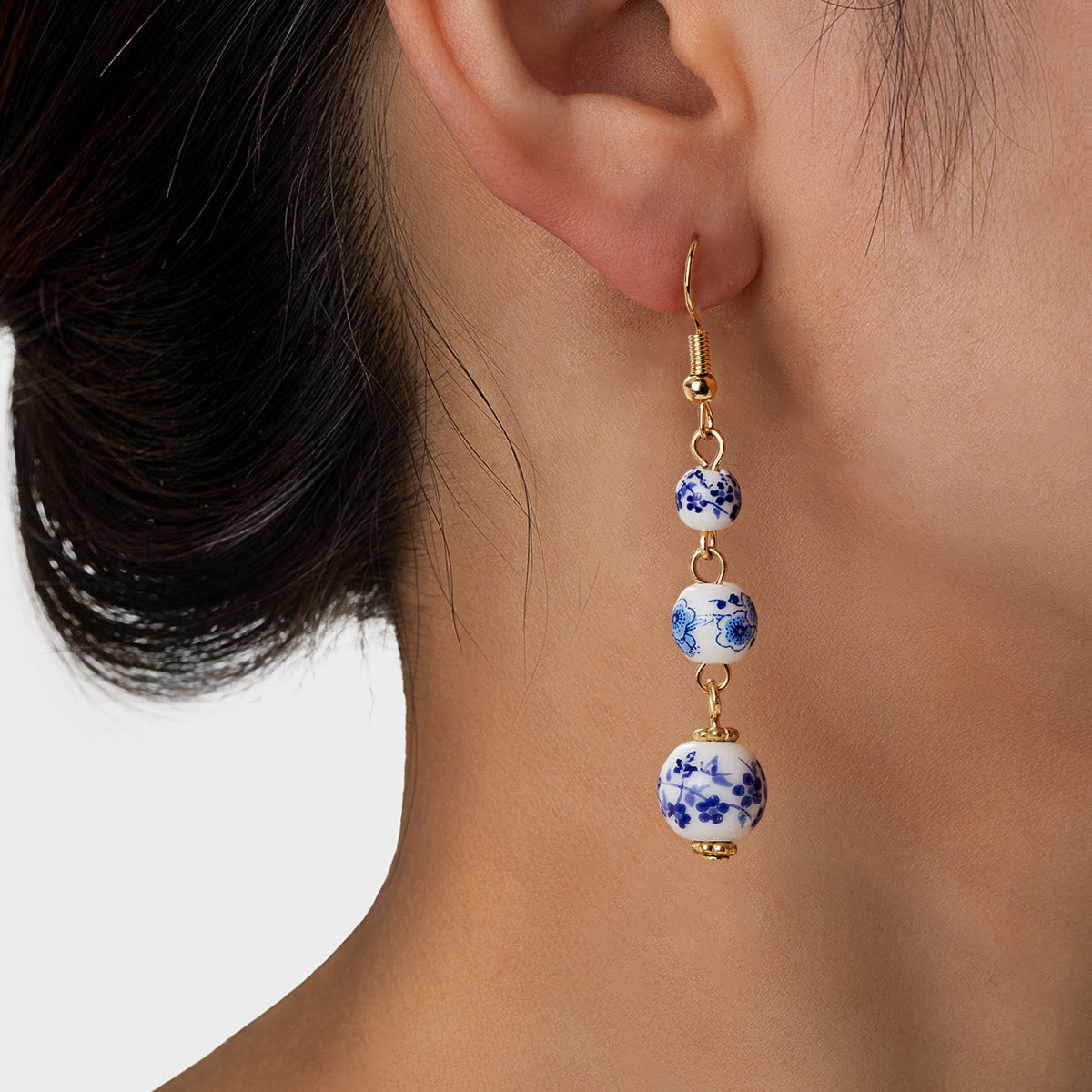 Wholesale Chinese Style Blue and White Porcelain Beads Long Earrings Fashion Jewelry Accessory for Women Boutique Resale Gift