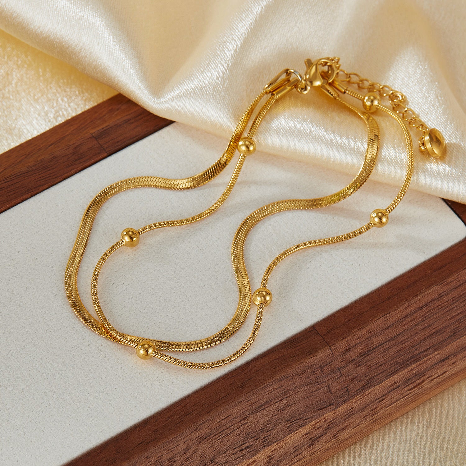 Wholesale Stainless Steel Double Layer Stacked Small Round Bead Gold Plated Foot Chain