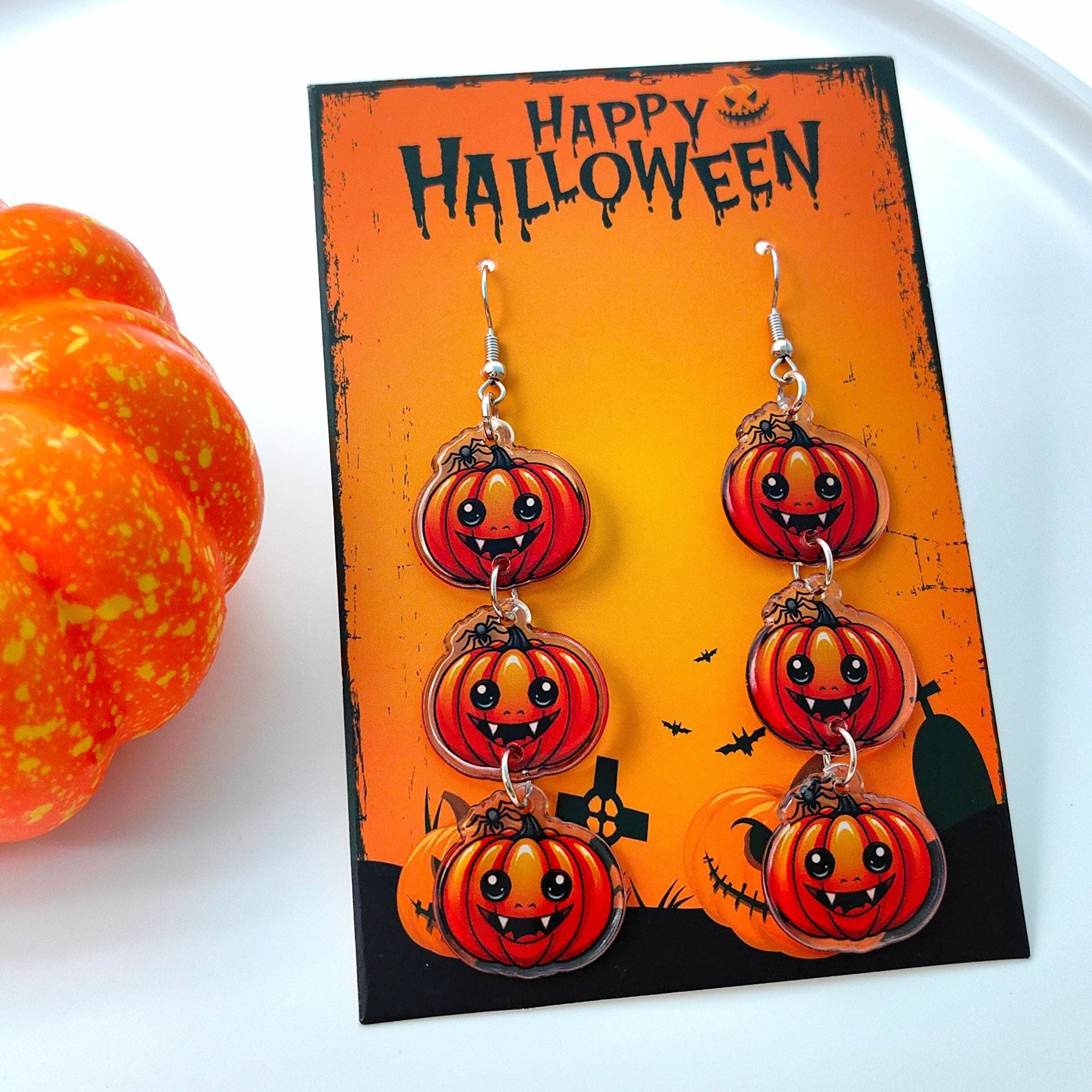 Wholesale Halloween Cartoon Funny Acrylic Double-sided Pumpkin Print Earrings ACC-ES-XiZhao023