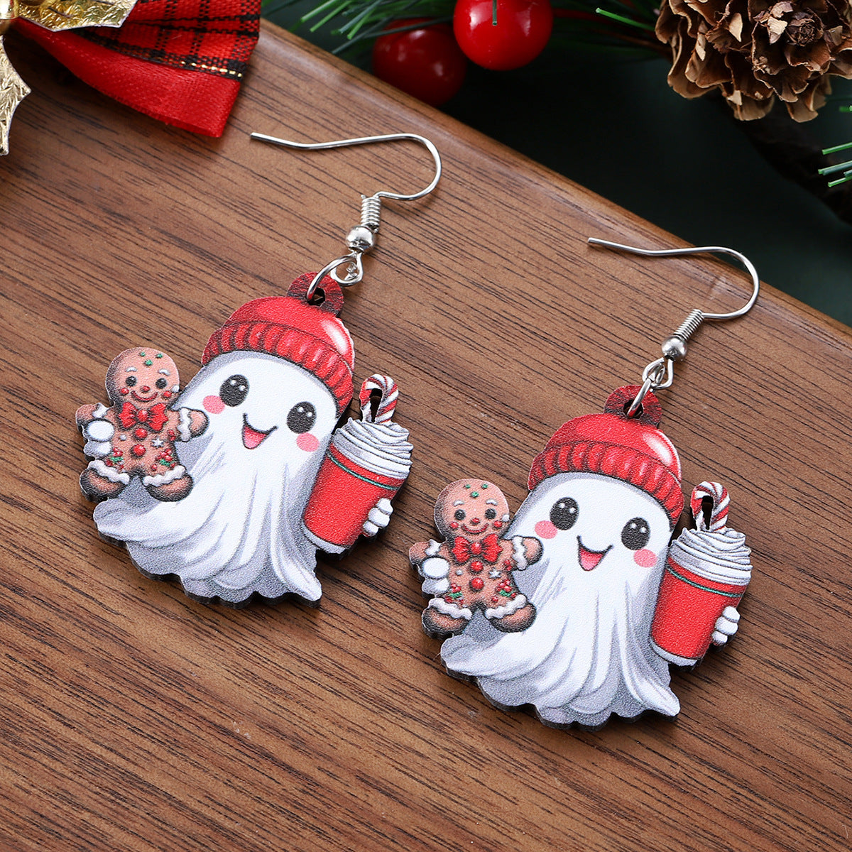 Wholesale  Ghost Christmas Gingerbread Man Coffee Cup Ghost Pendant Earrings