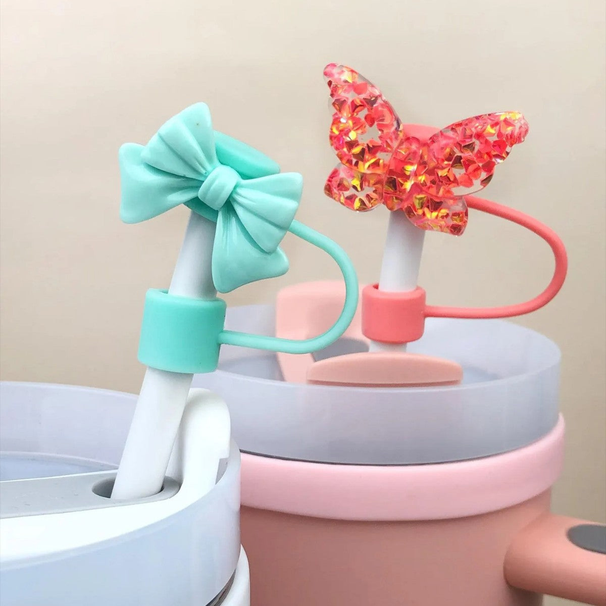 Wholesale  10mm Shiny Laser Butterfly PVC Soft Straw Tube Cap