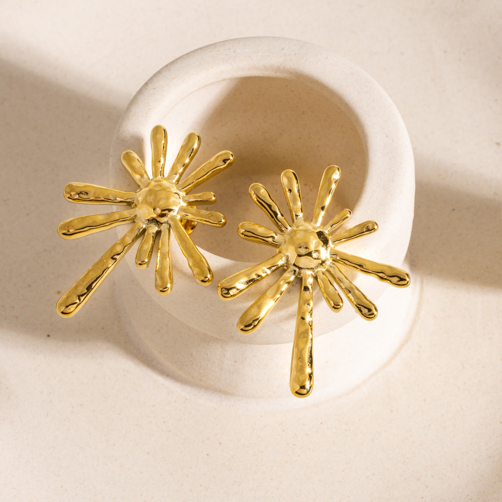 Wholesale Stainless Steel 18K Golden Sun Radial  Exaggerated Personality Necklace Earrings suit