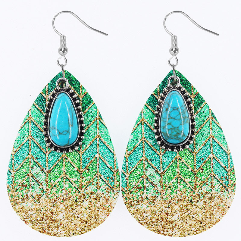 Wholesale Western Denim style Aztec wind drop-shaped leather earrings