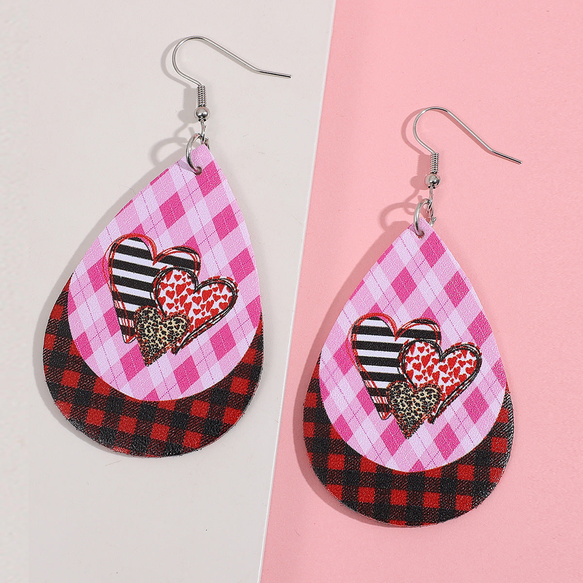 Wholesale Leather Earrings Water Drop Pink Peach Heart Double-Sided Design Fashion Accessory Party Gift