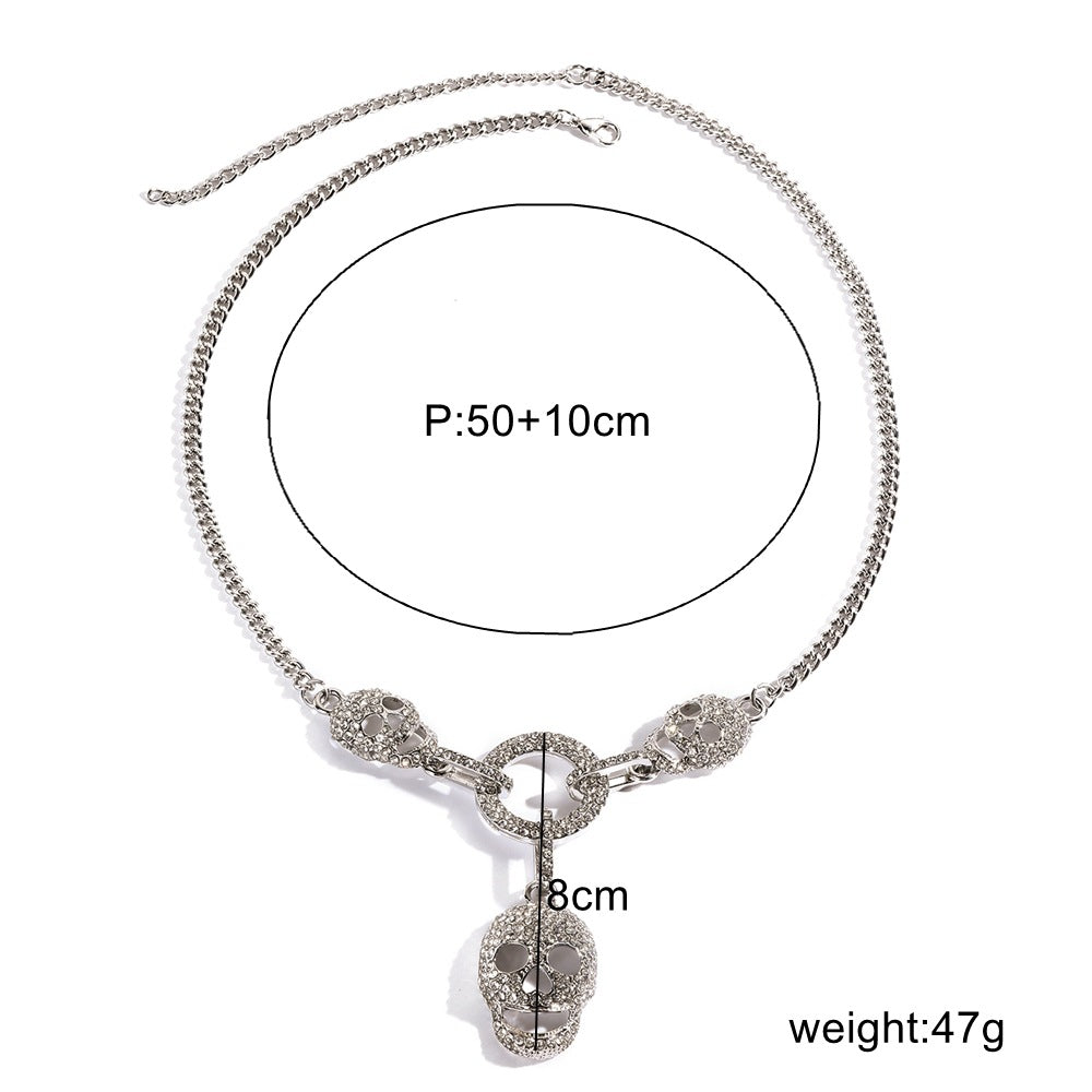 Wholesale Rhinestone Skull Necklace for Women,  Silver Alloy,  Multi-Layer Water Wave Chain,  Fashion Jewelry Accessory for Boutique Resale