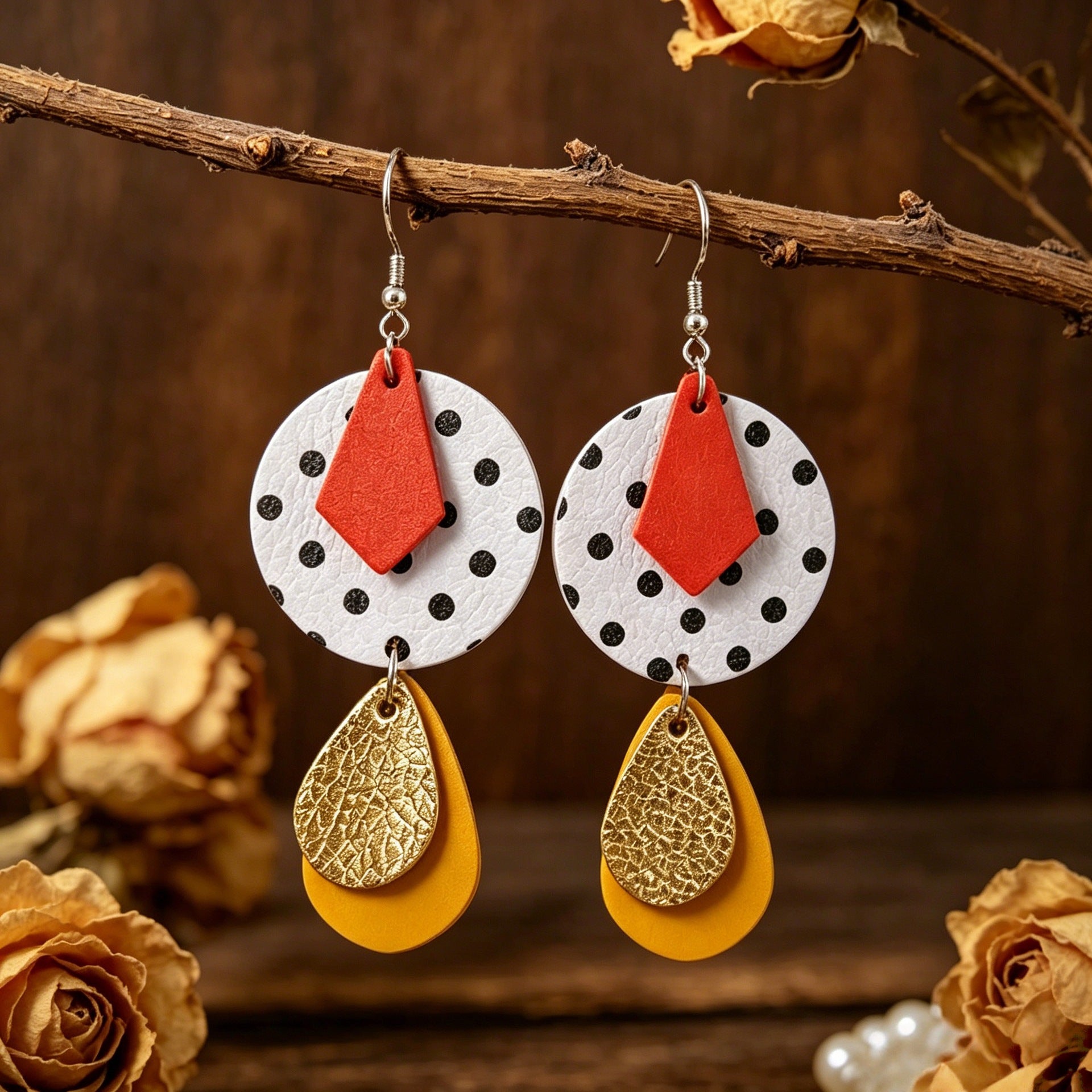 Wholesale Leather Retro Polka Dot Diamond Drop Earrings - Party Fashion Accessory