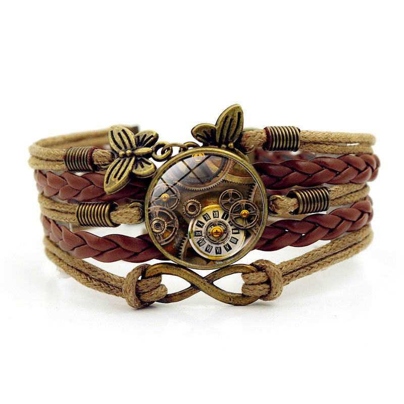 Wholesale Steampunk Gear Cuff Bracelet with Infinity Symbol and Multi-layer Leather Design,  Unisex Fashion Jewelry Accessory