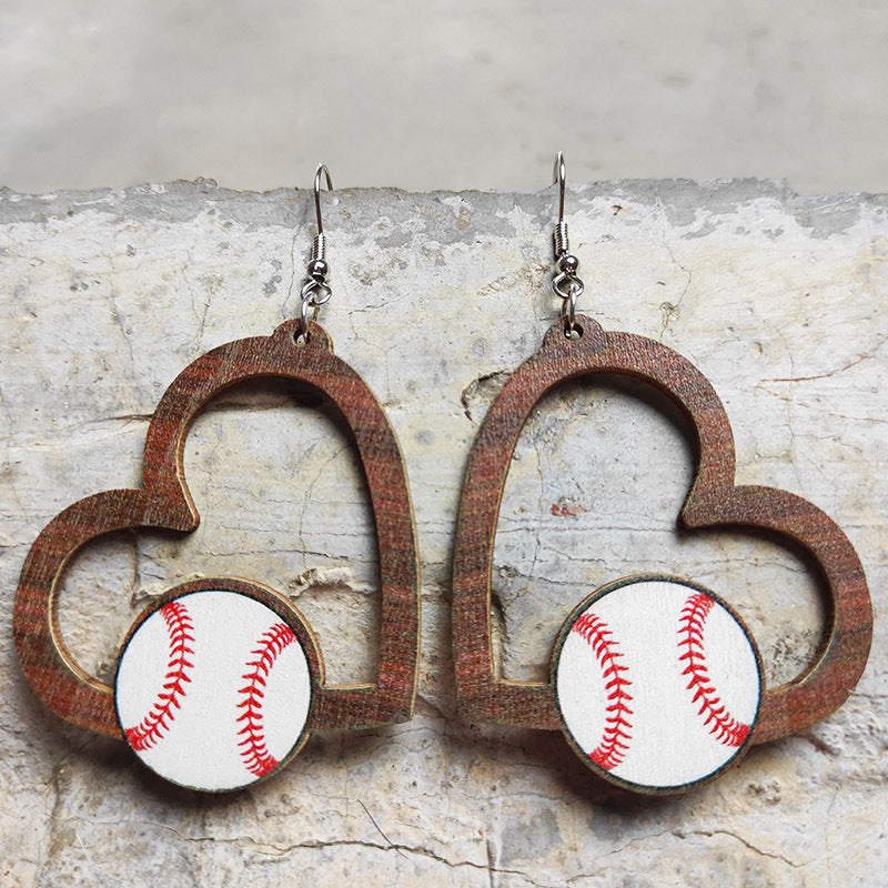 Wholesale Heart Shaped Sports Fan Earrings Wooden Geometric Hollow Dangle Earrings Stylish Fashion Accessory Gift