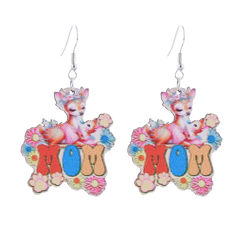 Wholesale Mother' s Day Wooden MOM Leopard Print Lip Print Creative Cartoon Earrings