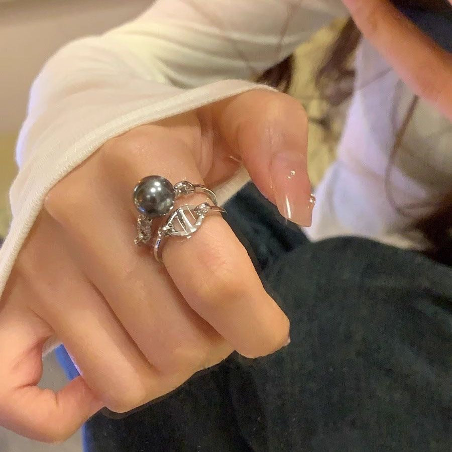 Wholesale Stylish Women S Gray Pearl Ring Geometric Adjustable Jewelry Accessory Gift