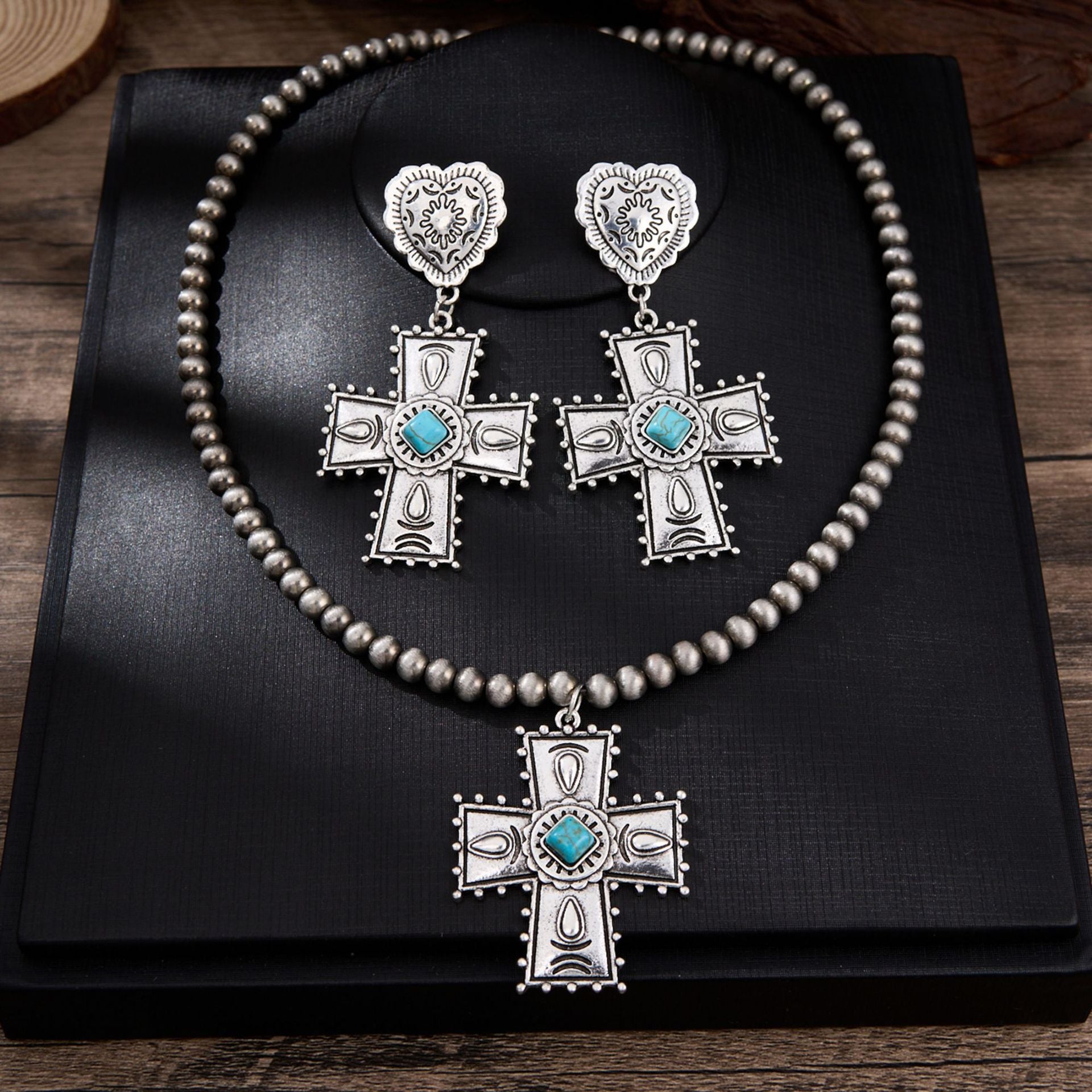 Wholesale Zinc Alloy Heart-Shaped Cross Jewelry Set Vintage Western Style Trendy Party Accessory