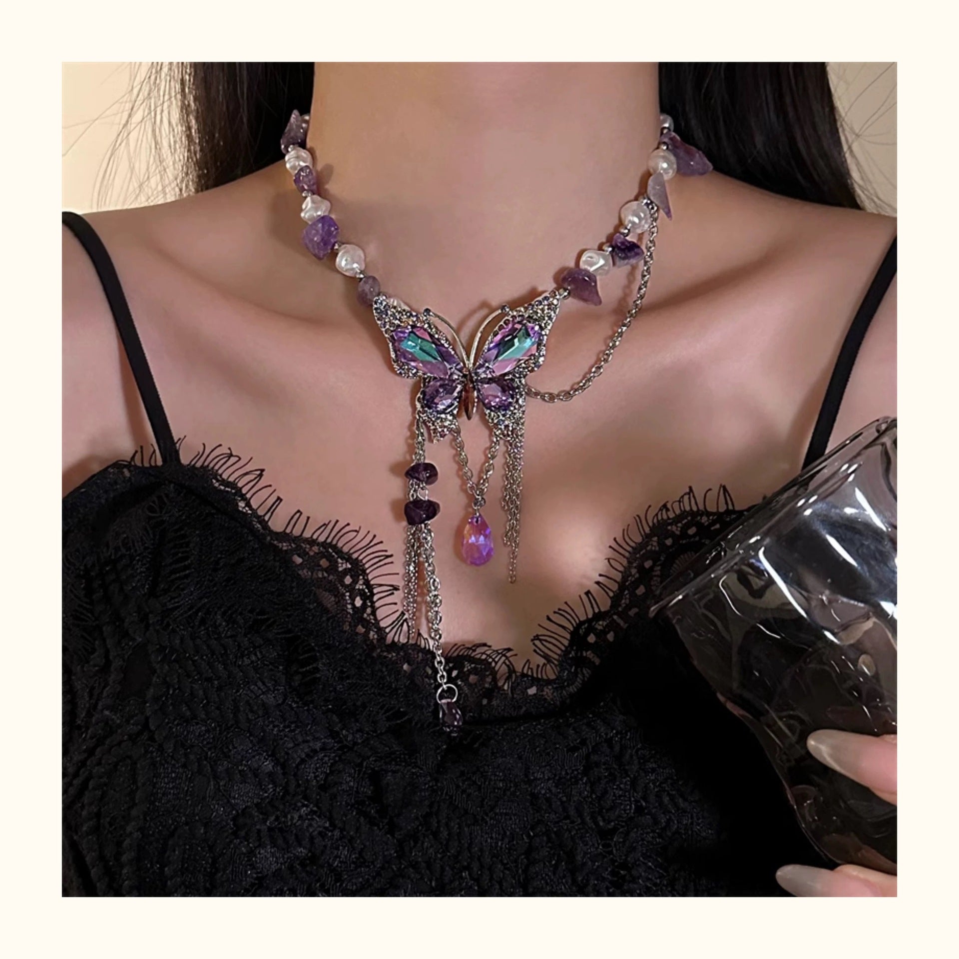 Wholesale Purple Zircon Butterfly Beaded Necklace