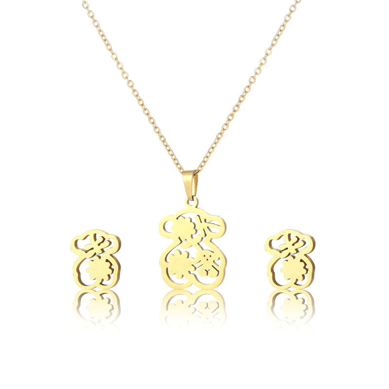 Wholesale 304 Stainless Steel 18K Gold Cute Bear Earrings Necklace Set ACC-ES-MinM007