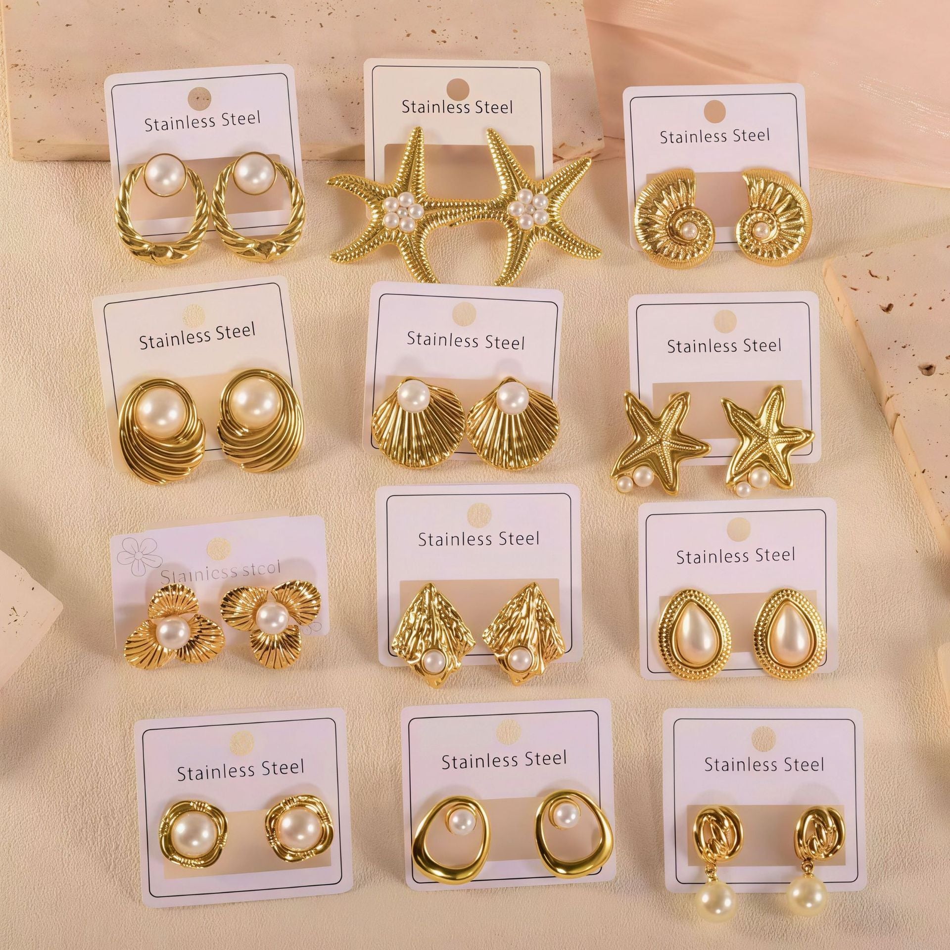 Wholesale Beach Style Conch Starfish Stainless Steel Stud Earrings