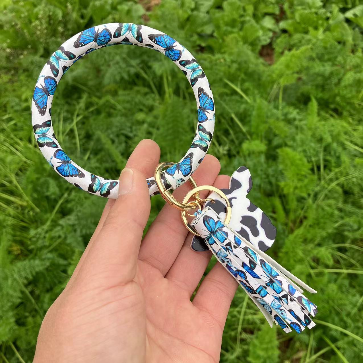 Wholesale Western Style Leopard Print Cow Print Cactus Leather Wristlet Keychain ACC-KC-QiuXue003