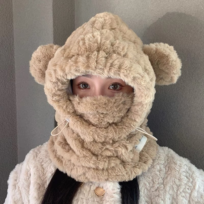 Wholesale cute plush three-in-one thickened mask scarf bear hat