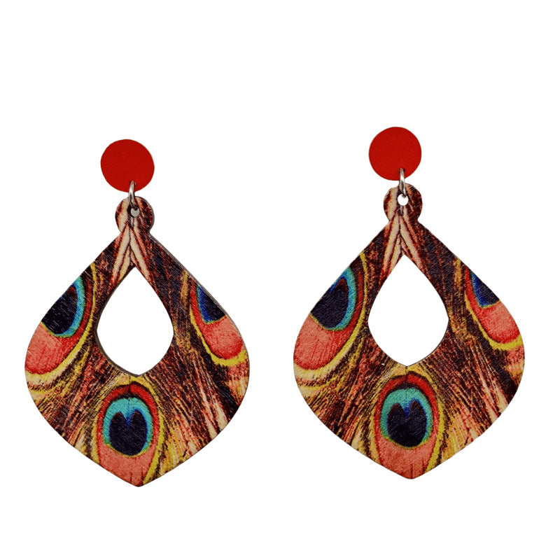 Wholesale Boho Retro Ethnic Style Peacock Feather Wooden Earrings ACC-ES-FX013