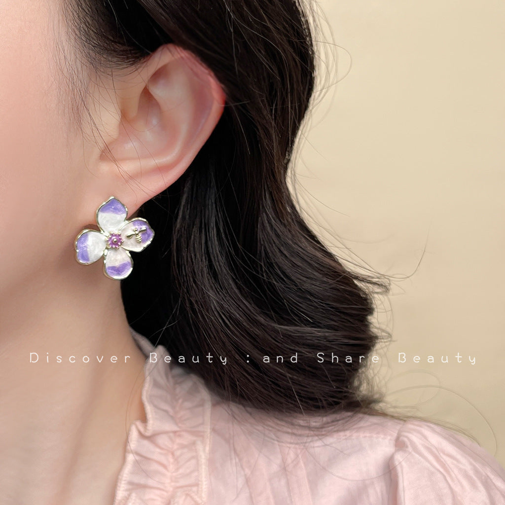 Wholesale French retro Vintage purple oil-drop flower earrings