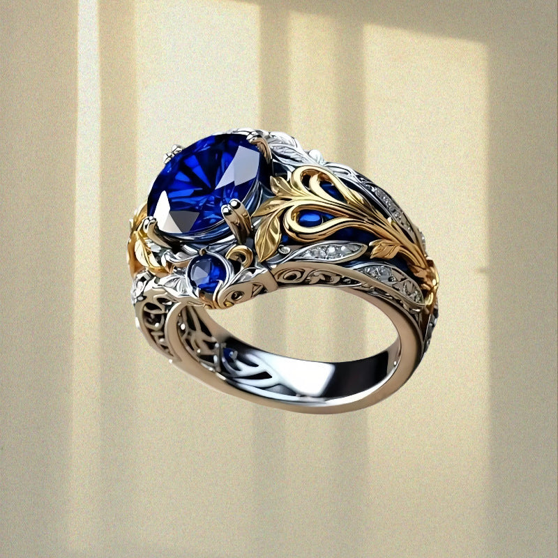 Wholesale Zinc Alloy Electroplated Retro Inlaid Sapphire Ring Jewelry Accessory