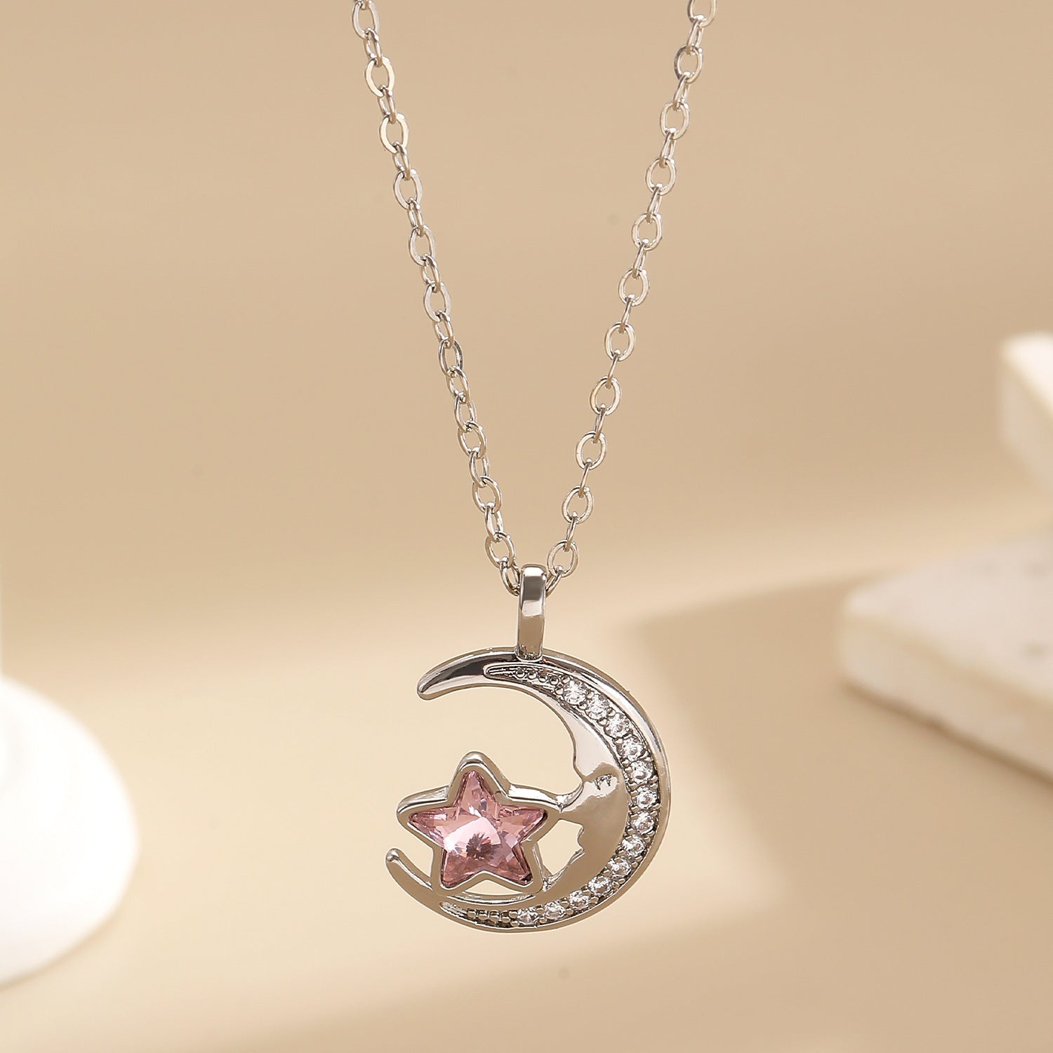Wholesale Zircon Star and Moon Pendant Necklace