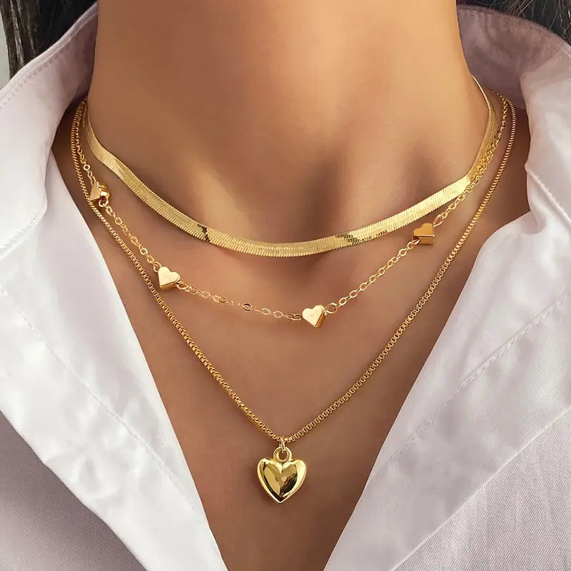 Wholesale Multi Layer Heart Pendant Necklace Gold Snake Chain Layering Jewelry Fashion Accessory Gift Boutique Resale